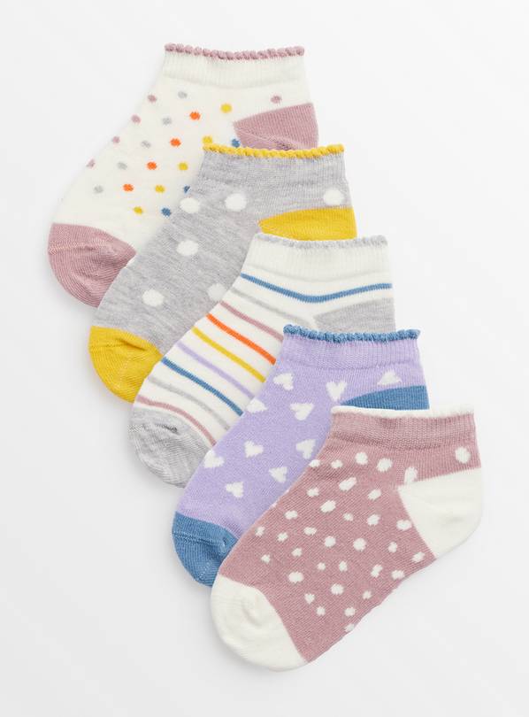 Pastel Spot & Heart Print Trainer Socks 5 Pack 6-8.5